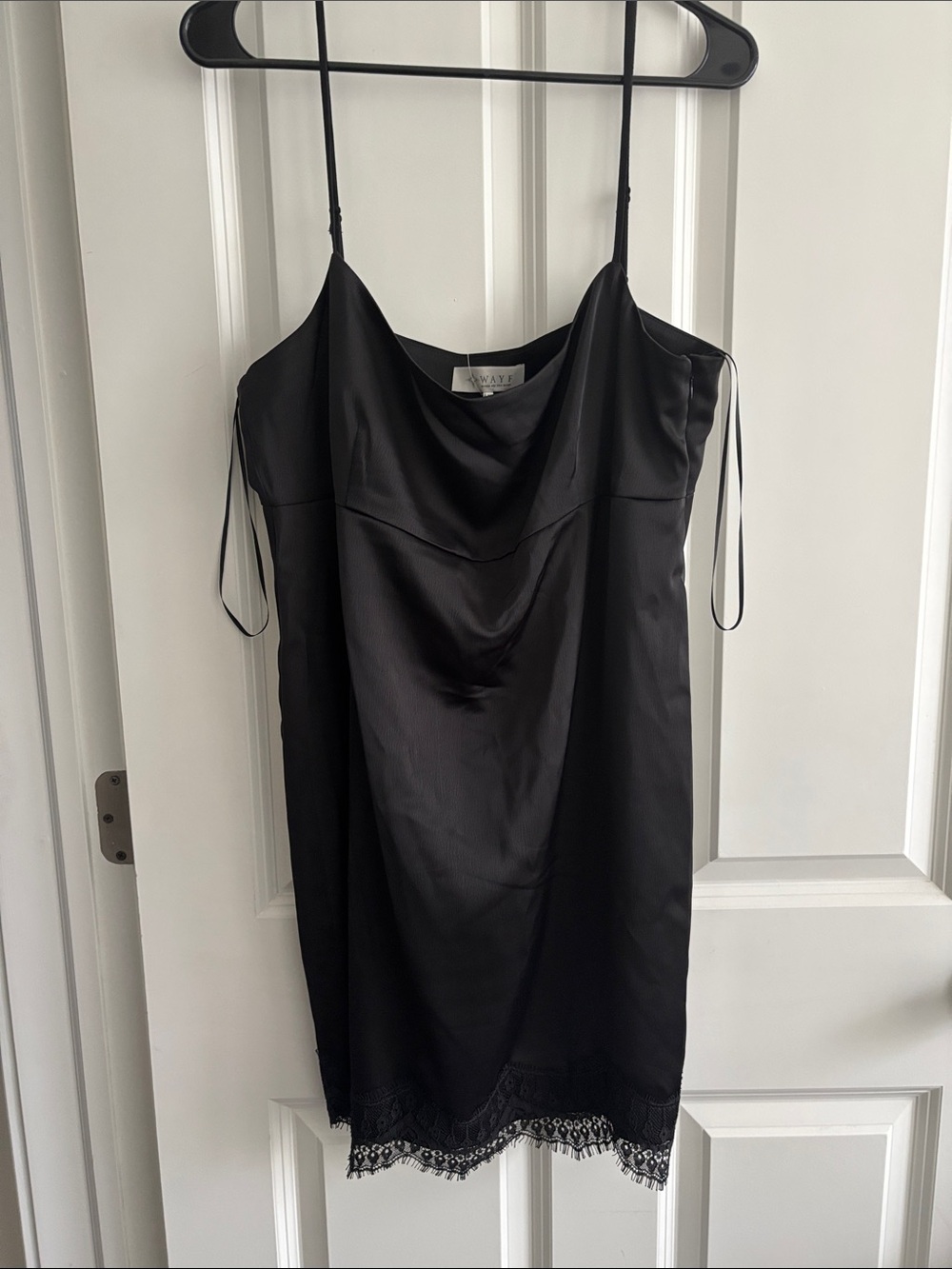 Wayf Black Satin Slip Mini Dress with Lace Hem